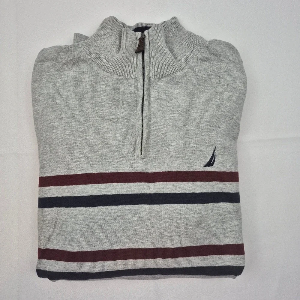 Nautica Men's L Gray Striped‎ Quarter Zip Pullover Sweater Logo Preppy Classic